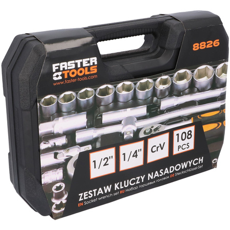 FASTER TOOLS Klucze nasadowe 108cz. 1/2&quot; &amp; 1/4&quot; CR-V