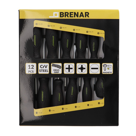 BRENAR wkrętaki 12cz. PHx4szt, PZx2szt, płaski x6szt.