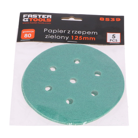 FASTER TOOLS papier ścierny z rzepem zielony 125mm gr. 80 5szt.