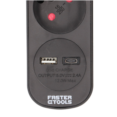 FASTER TOOLS przedłużacz czarny 3gniazda 3,0m z wyłącznikiem USB-A/USB-C