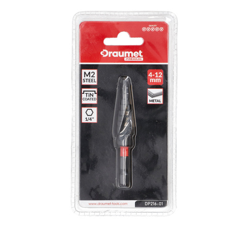DRAUMET PREMIUM wiertło wielostopniowe skrętne 4-12mm, stal M2, tytanowane, uchwyt 1/4"