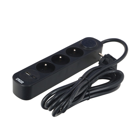 FASTER TOOLS przedłużacz czarny 3gniazda 3,0m z wyłącznikiem USB-A/USB-C