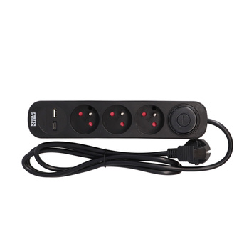 FASTER TOOLS przedłużacz czarny 3gniazda 1,5m z wyłącznikiem USB-A/USB-C